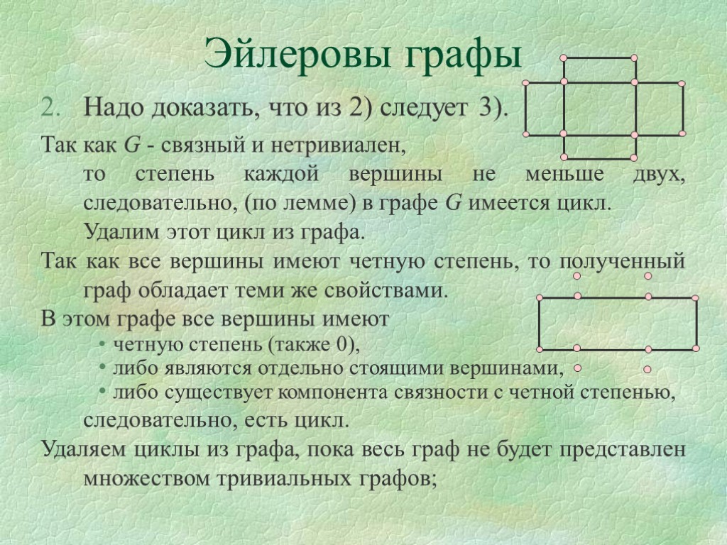 Эйлеровы графы Надо доказать, что из 2) следует 3). Так как G - связный